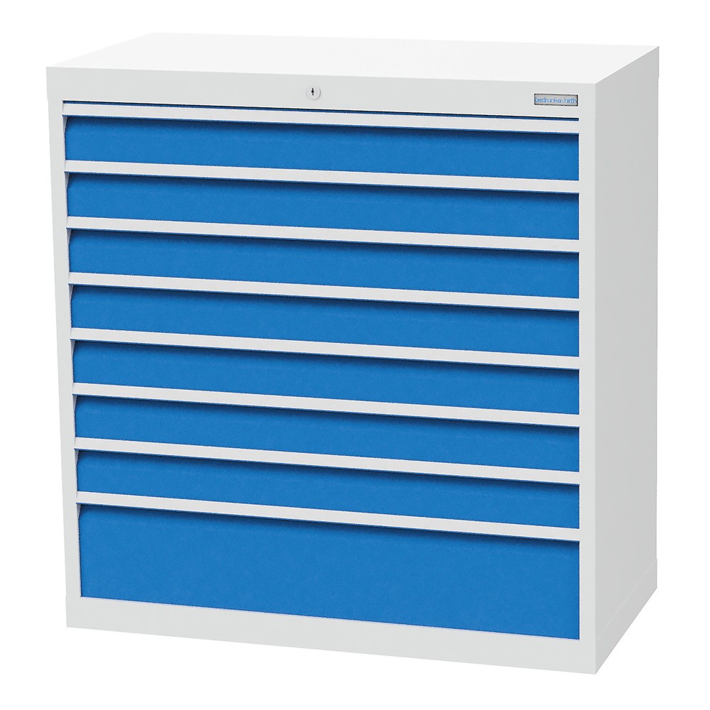 Obraz produktu: Szafa z szufladami Bedrunka+Hirth R 36-16, wys. x szer. x gł. 1019 x 980 x 500 mm, kolor jasnoszary, kolor jasnoniebieski, 8 x szuflada 7 x 100 + 1 x 200 mm
