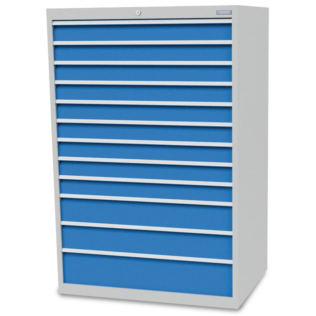 Zdjęcie produktu nr 1: Szafa z szufladami Bedrunka+Hirth R 36-24, wys. x szer. x gł. 1519 x 1005 x 736 mm, kolor jasnoszary, kolor jasnoniebieski, 12 x szuflada 9 x 100 + 2 x 150 + 1 x 200 mm