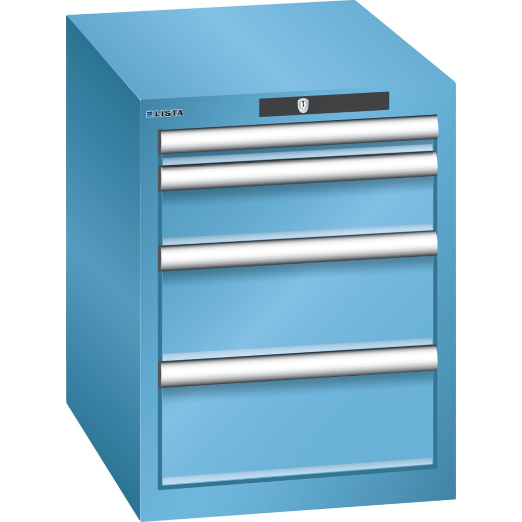 Szafa z szufladami LISTA 18x27E, (szer. x gł. x wys.) 411 x 572 x 533 mm, 4 szuflady, 1 x 50 / 1 x 100 / 2 x 150, jasnoniebieski, KEY Lock Zdjęcie produktu: Szafa z szufladami LISTA 18x27E, (szer. x gł. x wys.) 411 x 572 x 533 mm, 4 szuflady, 1 x 50 / 1 x 100 / 2 x 150, jasnoniebieski, KEY Lock