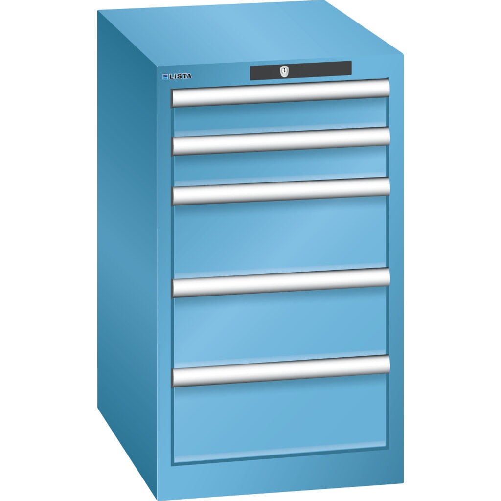 Zdjęcie produktu: Szafa z szufladami LISTA 18x27E, (szer. x gł. x wys.) 411 x 572 x 700 mm, 5 szuflad, 2 x 75 / 3 x 150, jasnoniebieski, KEY Lock