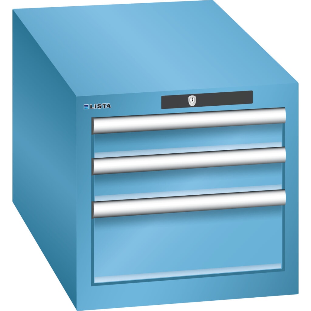 Zdjęcie produktu: Szafa z szufladami LISTA 18x36E, (szer. x gł. x wys.) 411 x 725 x 383 mm, 3 szuflady, 2 x 75 / 1 x 150, jasnoniebieski, KEY Lock