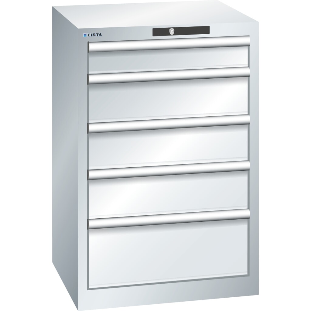 Szafa z szufladami LISTA 27x27E, (szer. x gł. x wys.) 564 x 572 x 850 mm, 5 szuflad, 1 x 100 / 3 x 150 / 1 x 200, jasnoszary, KEY Lock Zdjęcie produktu: Szafa z szufladami LISTA 27x27E, (szer. x gł. x wys.) 564 x 572 x 850 mm, 5 szuflad, 1 x 100 / 3 x 150 / 1 x 200, jasnoszary, KEY Lock