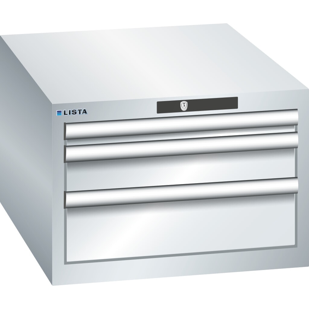Zdjęcie produktu: Szafa z szufladami LISTA 27x36E, (szer. x gł. x wys.) 564 x 725 x 383 mm, 3 szuflady, 1 x 50 / 1 x 100 / 1 x 150, jasnoszary, KEY Lock