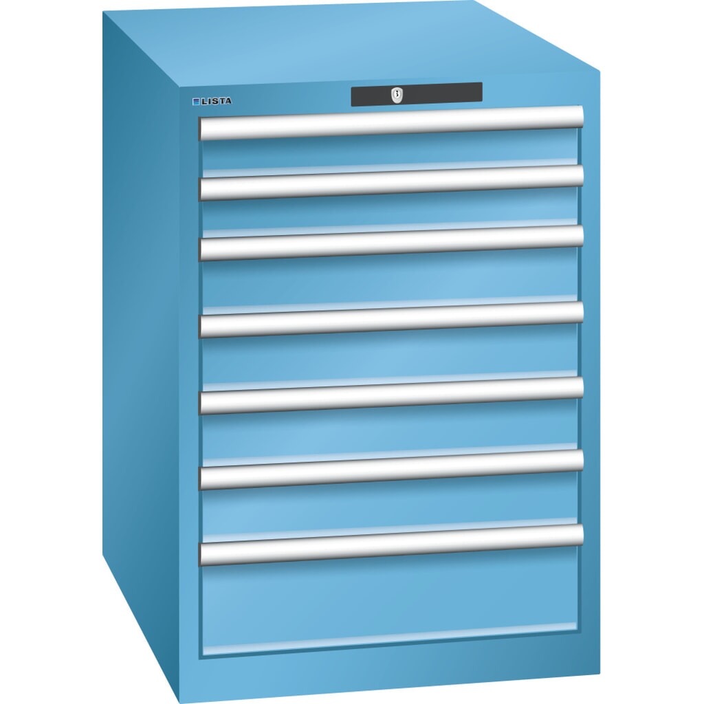 Zdjęcie produktu: Szafa z szufladami LISTA 27x36E, (szer. x gł. x wys.) 564 x 725 x 800 mm, 7 szuflad, 2 x 75 / 4 x 100 / 1 x 150, jasnoniebieski, KEY Lock