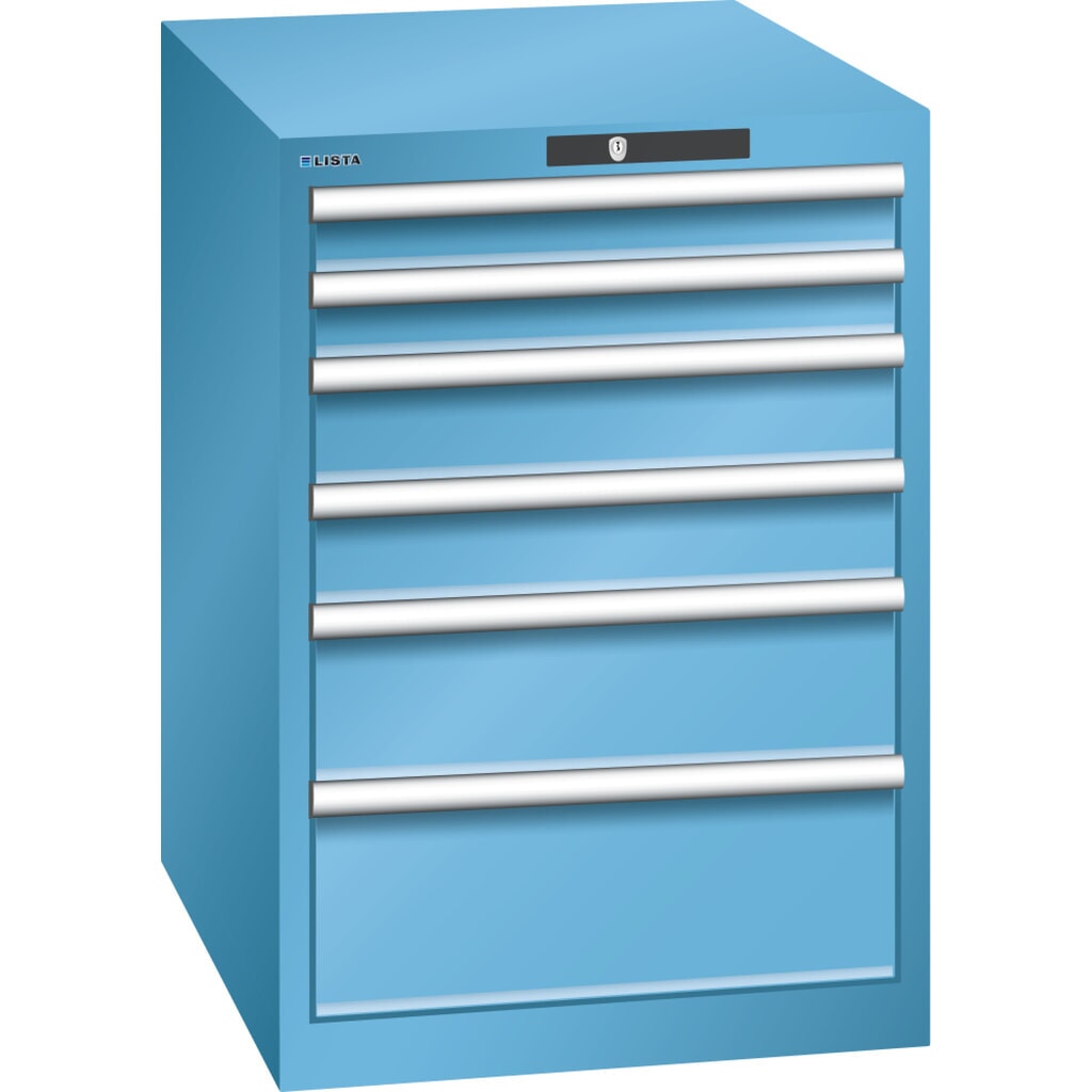 Zdjęcie produktu: Szafa z szufladami LISTA 27x36E, (szer. x gł. x wys.) 564 x 725 x 800 mm, 6 szuflad, wysokość frontu 75–200mm, jasnoniebieski, KEY Lock
