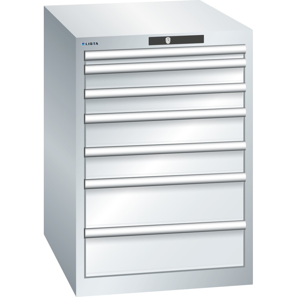 Zdjęcie produktu: Szafa z szufladami LISTA 27x36E, (szer. x gł. x wys.) 564 x 725 x 800 mm, 7 szuflad, wysokość frontu 50–150 mm, jasnoszary, KEY Lock
