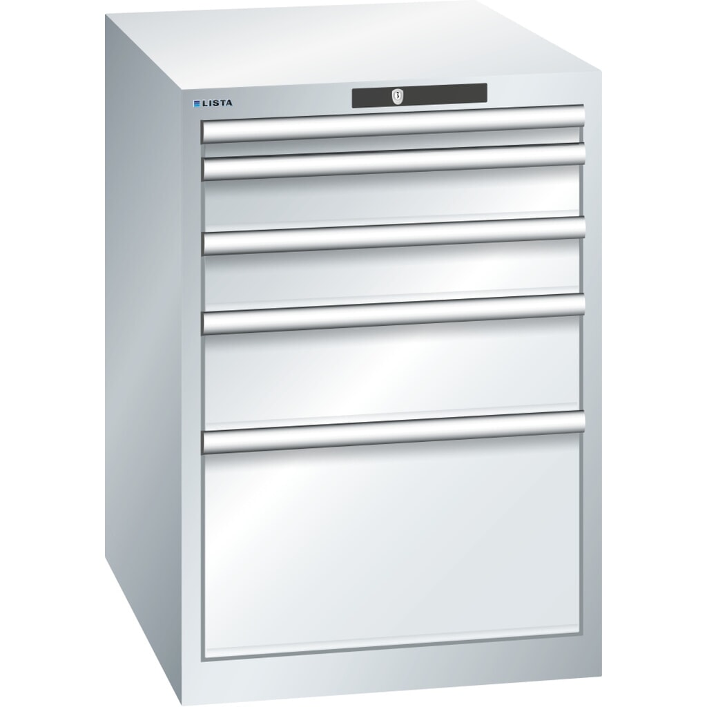 Zdjęcie produktu: Szafa z szufladami LISTA 27x36E, (szer. x gł. x wys.) 564 x 725 x 800 mm, 5 szuflad, wysokość frontu 50–300mm, jasnoszary, KEY Lock