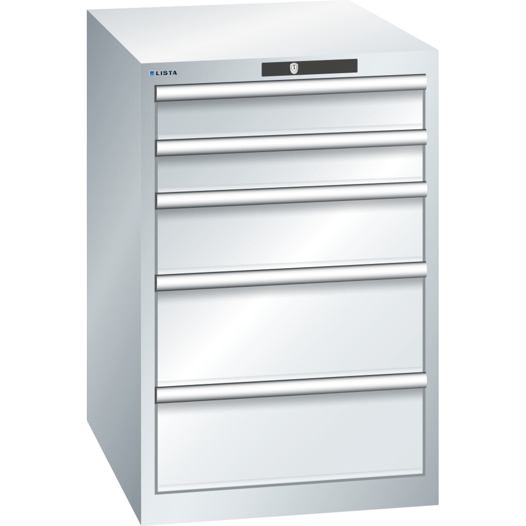 Zdjęcie produktu: Szafa z szufladami LISTA 27x36E, (szer. x gł. x wys.) 564 x 725 x 850 mm, 5 szuflad, 2 x 100 / 1 x 150 / 2 x 200, jasnoszary, KEY Lock