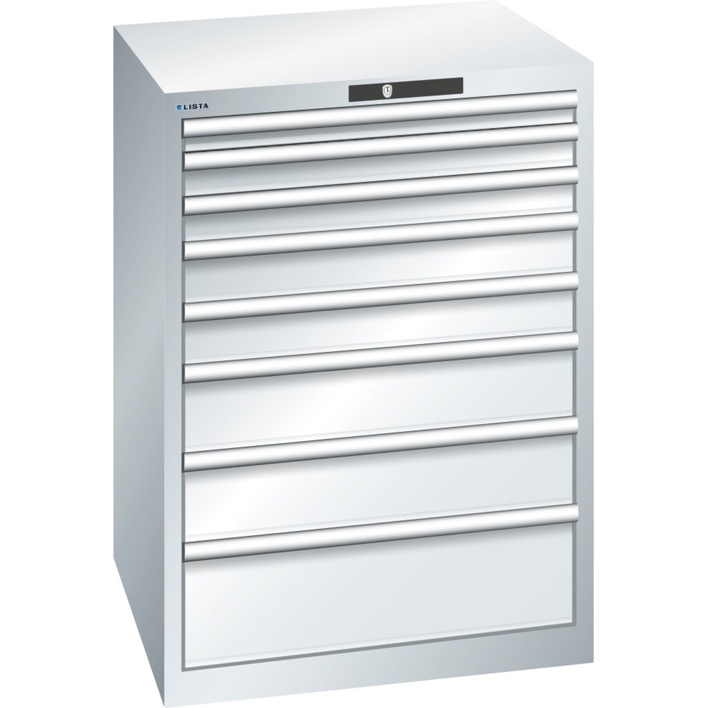 Zdjęcie produktu: Szafa z szufladami LISTA 36x36E, (szer. x gł. x wys.) 717 x 725 x 1000 mm, 8 szuflad, wysokość frontu 50–200 mm, jasnoszary, KEY Lock