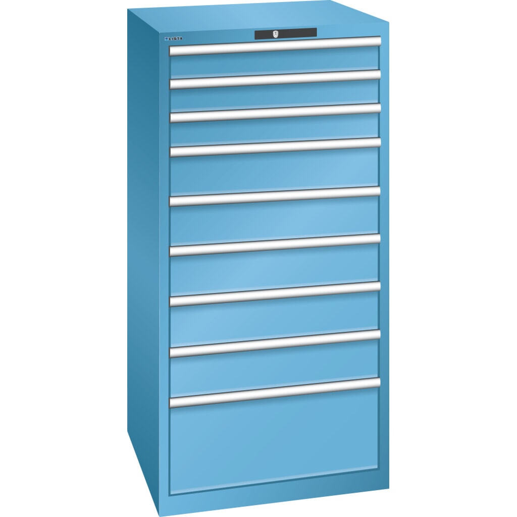 Szafa z szufladami LISTA 36x36E, (szer. x gł. x wys.) 717 x 725 x 1450 mm, 9 szuflad, 3 x 100 / 5 x 150 / 1 x 300, jasnoniebieski, KEY Lock Zdjęcie produktu: Szafa z szufladami LISTA 36x36E, (szer. x gł. x wys.) 717 x 725 x 1450 mm, 9 szuflad, 3 x 100 / 5 x 150 / 1 x 300, jasnoniebieski, KEY Lock