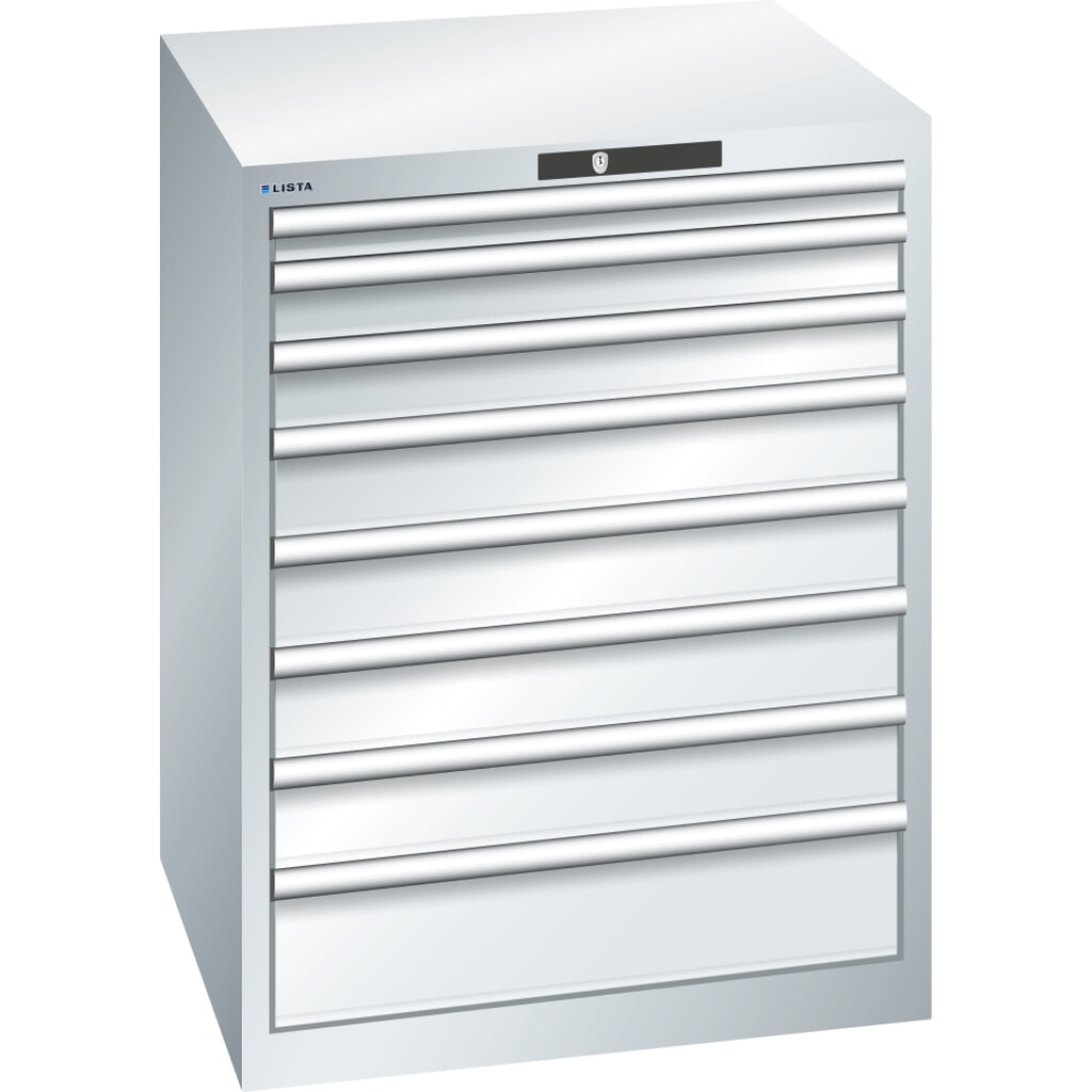 Zdjęcie produktu: Szafa z szufladami LISTA 36x36E, (szer. x gł. x wys.) 717 x 725 x 850 mm, 8 szuflad, wysokość frontu 50–150 mm, jasnoszary, KEY Lock