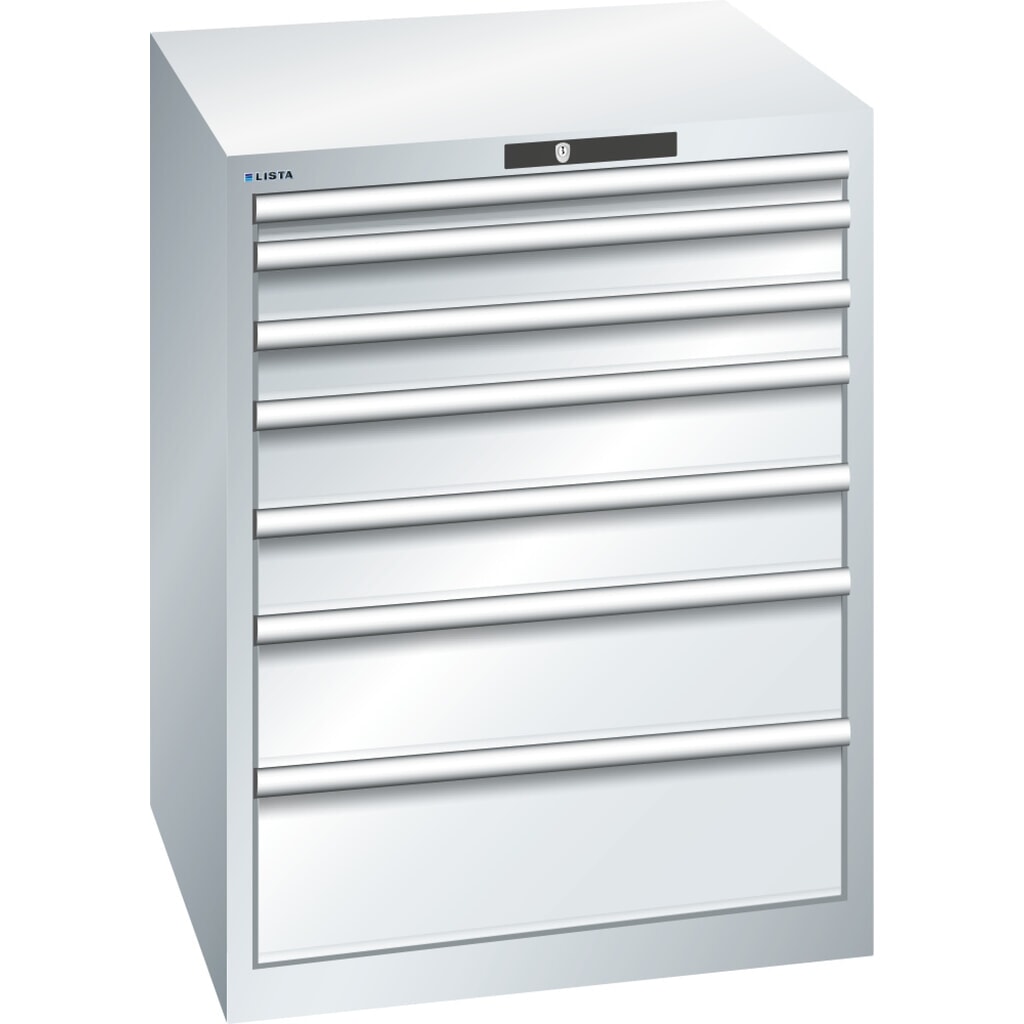 Zdjęcie produktu: Szafa z szufladami LISTA 36x36E, (szer. x gł. x wys.) 717 x 725 x 850 mm, 7 szuflad, wysokość frontu 50–200mm, jasnoszary, KEY Lock