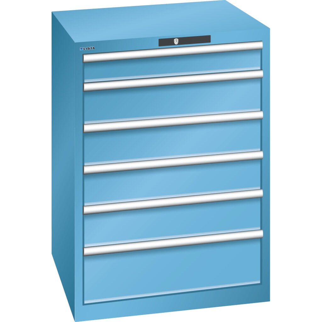 Zdjęcie produktu: Szafa z szufladami LISTA 36x36E, (szer. x gł. x wys.) 717 x 725 x 1000 mm, 6 szuflad udźwig 200 kg, kolor jasnoniebieski, KEY Lock