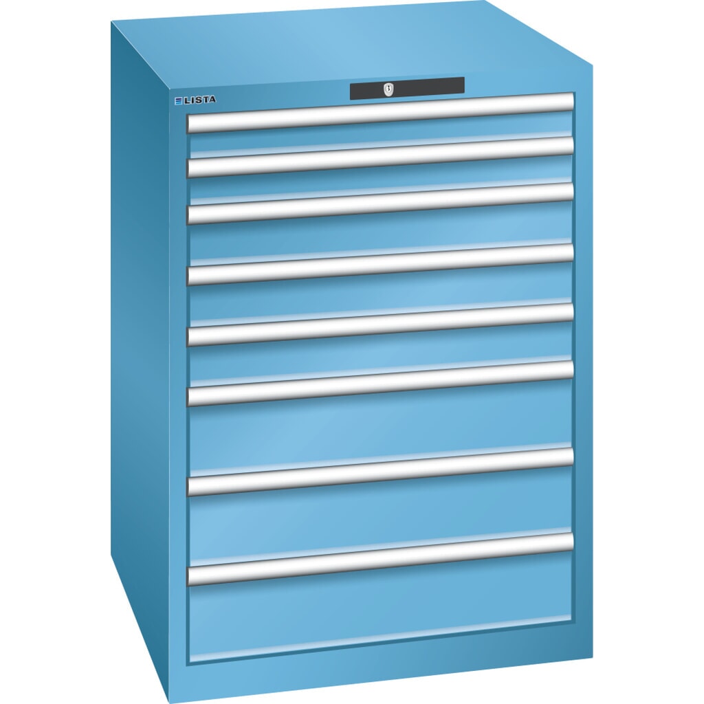 Zdjęcie produktu: Szafa z szufladami LISTA 36x36E, (szer. x gł. x wys.) 717 x 725 x 1000 mm, 8 szuflad, 2 x 75 / 3 x 100 / 3 x 150, jasnoniebieski, KEY Lock
