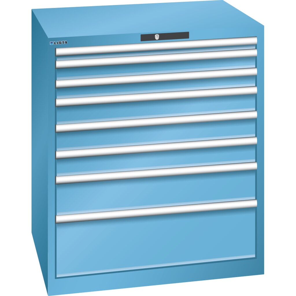 Zdjęcie produktu: Szafa z szufladami LISTA 45x36E, (szer. x gł. x wys.) 870 x 725 x 1000 mm, 8 szuflad, wysokość frontu 50–250mm, jasnoniebieski, KEY Lock