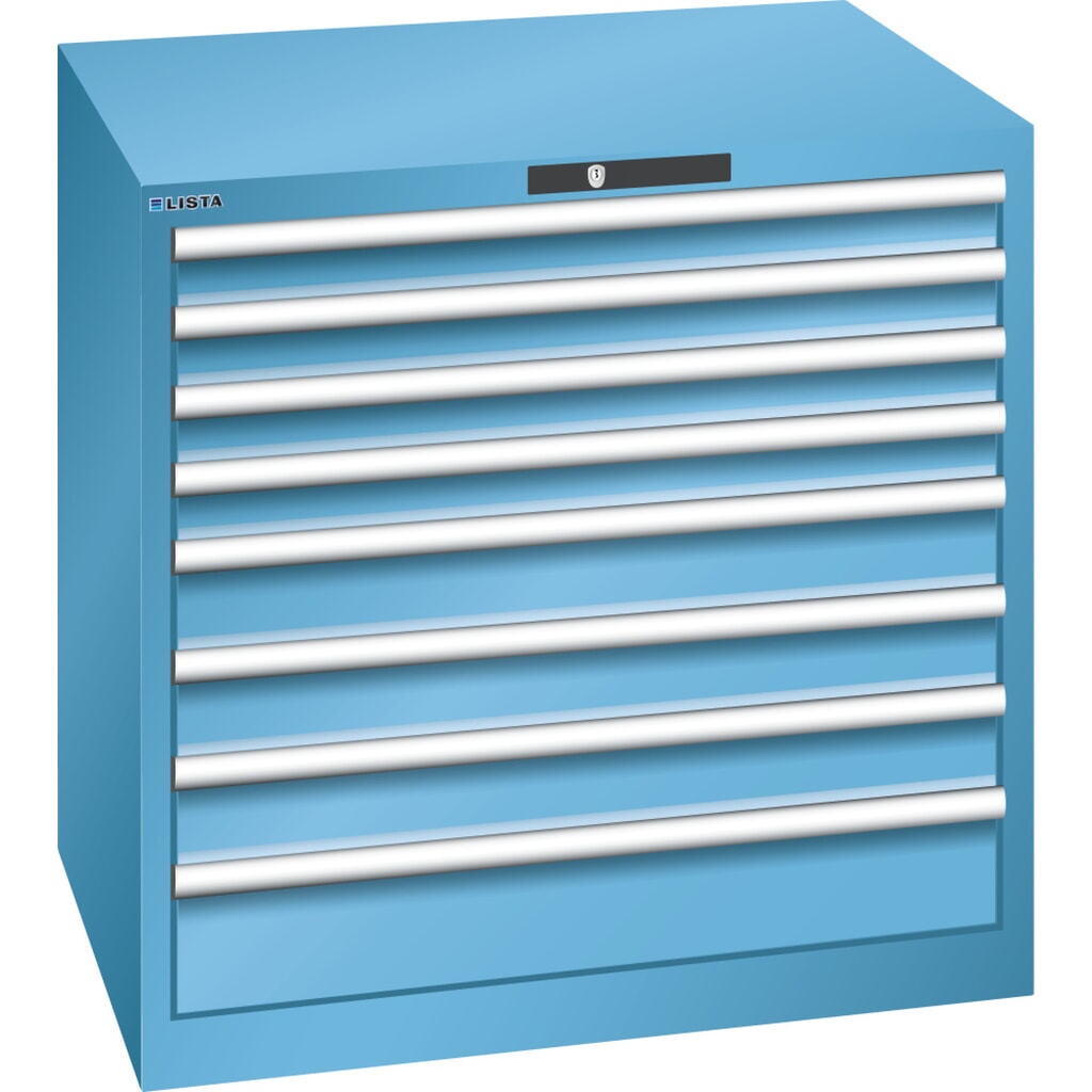 Zdjęcie produktu: Szafa z szufladami LISTA 45x36E, (szer. x gł. x wys.) 870 x 725 x 850 mm, 8 szuflad, 4 x 75 / 3 x 100 / 1 x 150, jasnoniebieski, KEY Lock