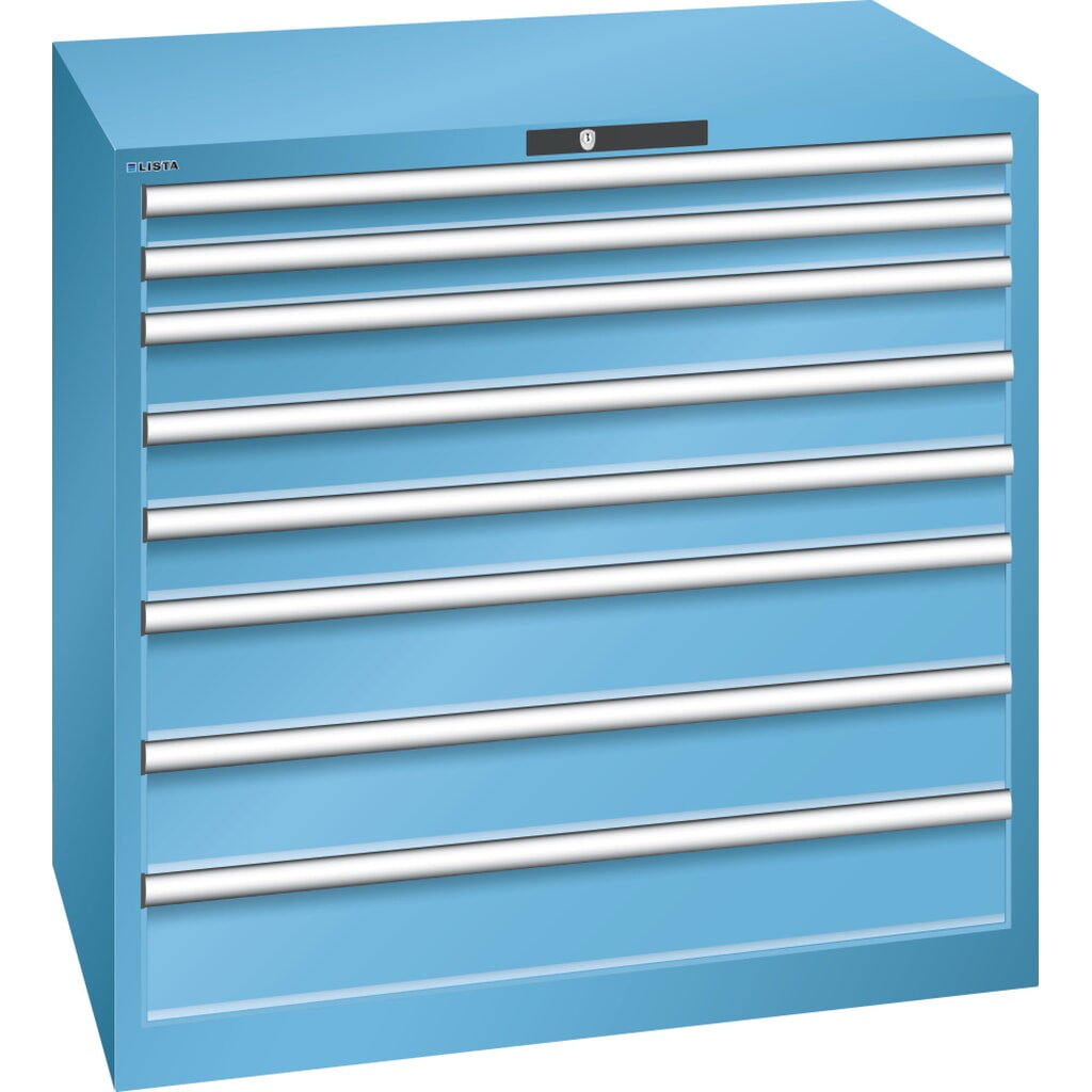 Zdjęcie produktu: Szafa z szufladami LISTA 54x36E, (szer. x gł. x wys.) 1023 x 725 x 1000 mm, 8 szuflad, 2 x 75 / 3 x 100 / 3 x 150, jasnoniebieski, KEY Lock