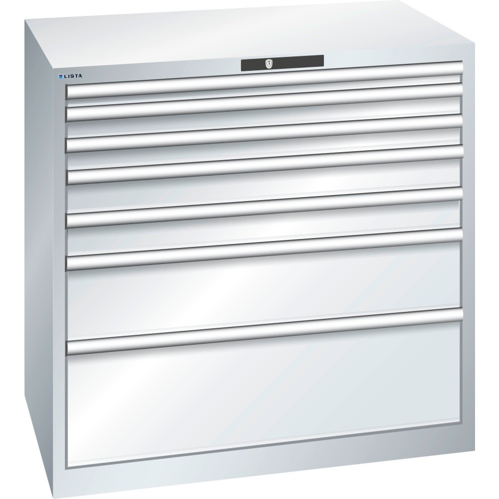Obraz produktu: Szafa z szufladami LISTA 54x36E, (szer. x gł. wys.) 1023 x 725 x 1000 mm, 7 szuflad udźwig 200 kg, kolor jasnoszary, KEY Lock