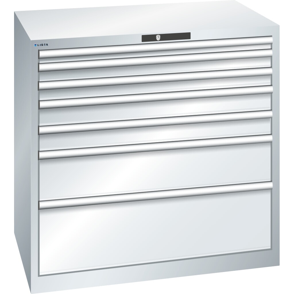 Szafa z szufladami LISTA 54x36E, (szer. x gł. x wys.) 1023 x 725 x 1000 mm, 7 szuflad, wysokość frontu 50–300 mm, jasnoszara, KEY Lock Zdjęcie produktu: Szafa z szufladami LISTA 54x36E, (szer. x gł. x wys.) 1023 x 725 x 1000 mm, 7 szuflad, wysokość frontu 50–300 mm, jasnoszara, KEY Lock