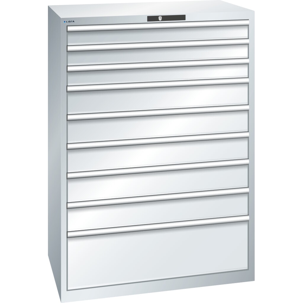 Zdjęcie produktu: Szafa z szufladami LISTA 54x36E, (szer. x gł. x wys.) 1023 x 725 x 1450 mm, 9 szuflad udźwig 200 kg, kolor jasnoszary, KEY Lock