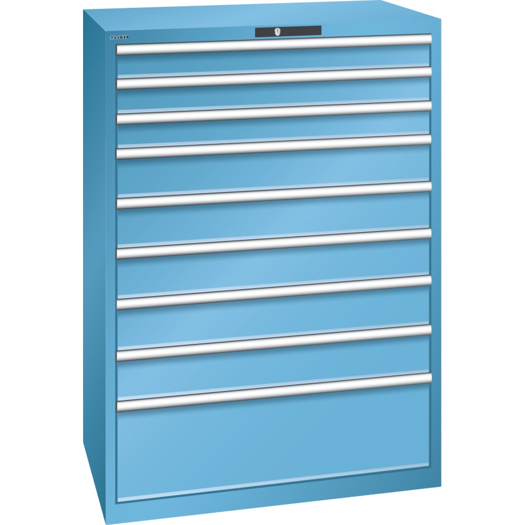 Szafa z szufladami LISTA 54x36E, (szer. x gł. x wys.) 1023 x 725 x 1450 mm, 9 szuflad, 3 x 100 / 5 x 150 / 1 x 300, jasnoniebieski, KEY Lock Zdjęcie produktu: Szafa z szufladami LISTA 54x36E, (szer. x gł. x wys.) 1023 x 725 x 1450 mm, 9 szuflad, 3 x 100 / 5 x 150 / 1 x 300, jasnoniebieski, KEY Lock