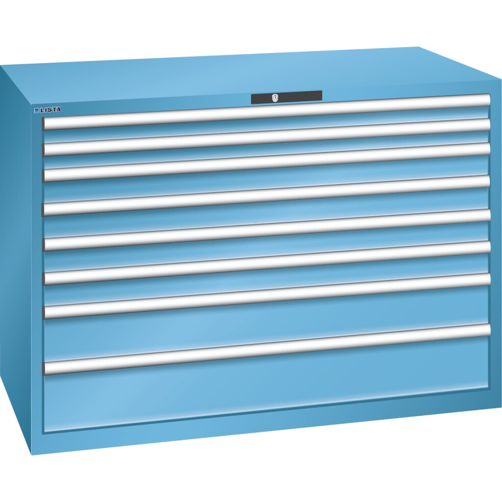 Szafa z szufladami LISTA 78x36E, (szer. x gł. x wys.) 1431 x 725 x 1000 mm, 8 szuflad, wysokość frontu 75–200 mm, jasnoniebieski, KEY Lock Zdjęcie produktu: Szafa z szufladami LISTA 78x36E, (szer. x gł. x wys.) 1431 x 725 x 1000 mm, 8 szuflad, wysokość frontu 75–200 mm, jasnoniebieski, KEY Lock