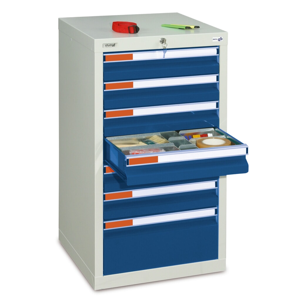 Zdjęcie produktu: Szafa z szufladami stumpf® Premium, szuflady 6 x 100 + 1 x 200 mm, wys. x szer. x gł. 900 x 500 x 500 mm, jasnoszara