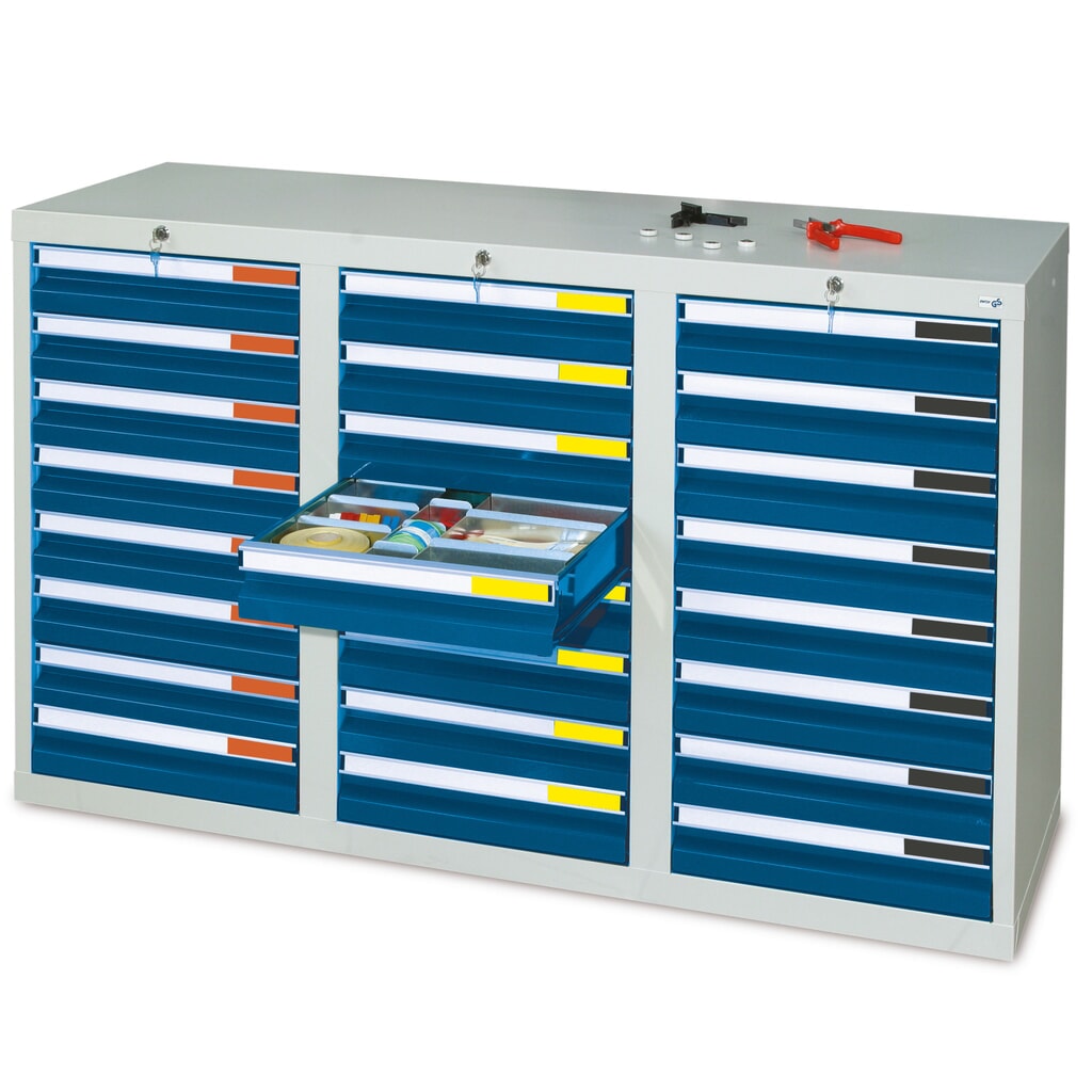 Zdjęcie produktu: Szafa z szufladami stumpf® Premium, szuflady 24 x 100 mm, wys. x szer. x gł. 900 x 1500 x 500 mm, jasnoszara/niebieska