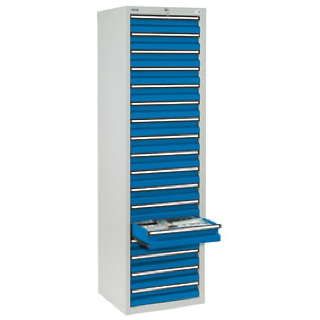 Szafa z szufladami stumpf®, szuflady 17 x 100 mm, wys. x szer. x gł. 1800 x 500 x 500 mm, jasnoszara/niebieska Zdjęcie produktu: Szafa z szufladami stumpf®, szuflady 17 x 100 mm, wys. x szer. x gł. 1800 x 500 x 500 mm, jasnoszara/niebieska