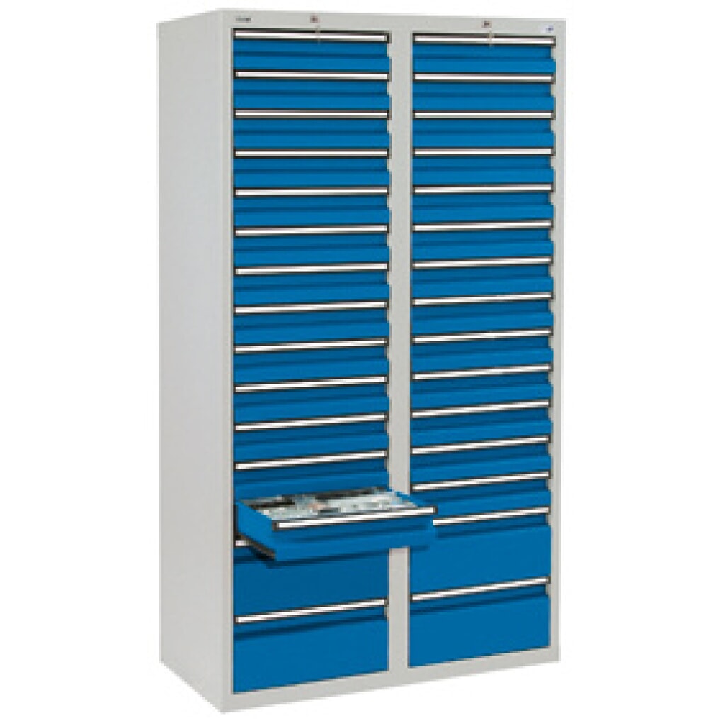 Zdjęcie produktu: Szafa z szufladami stumpf®, szuflady 26 x 100 + 4 x 200 mm, wys. x szer. x gł. 1800 x 1000 x 500 mm, jasnoszara