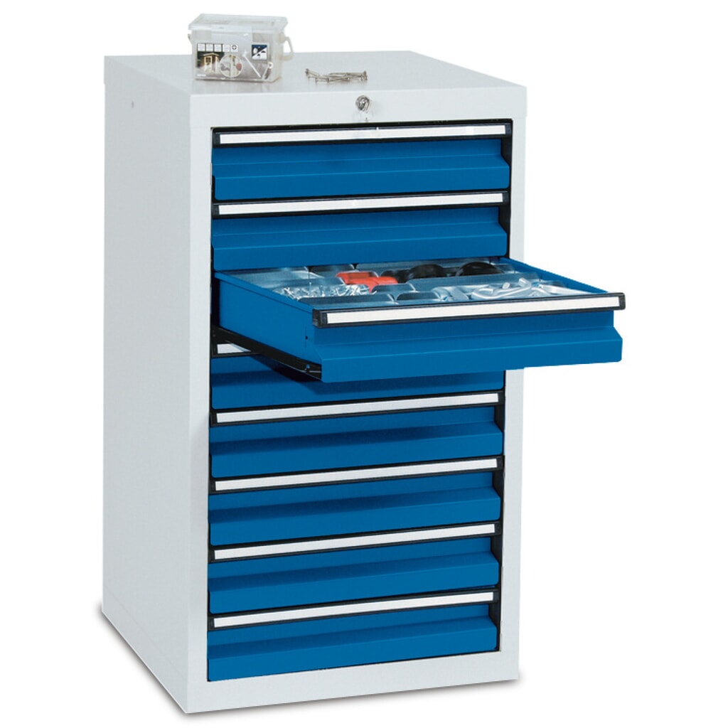 Zdjęcie produktu: Szafa z szufladami stumpf®, szuflady 8 x 100 mm, wys. x szer. x gł. 900 x 500 x 500 mm, jasnoszara/niebieska