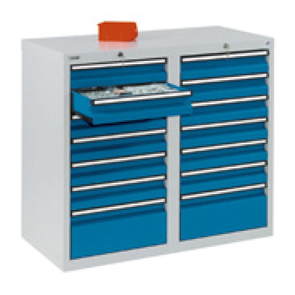 Zdjęcie produktu: Szafa z szufladami stumpf®, szuflady 12 x 100 + 2 x 200 mm, wys. x szer. x gł. 900 x 1000 x 500 mm, jasnoszara