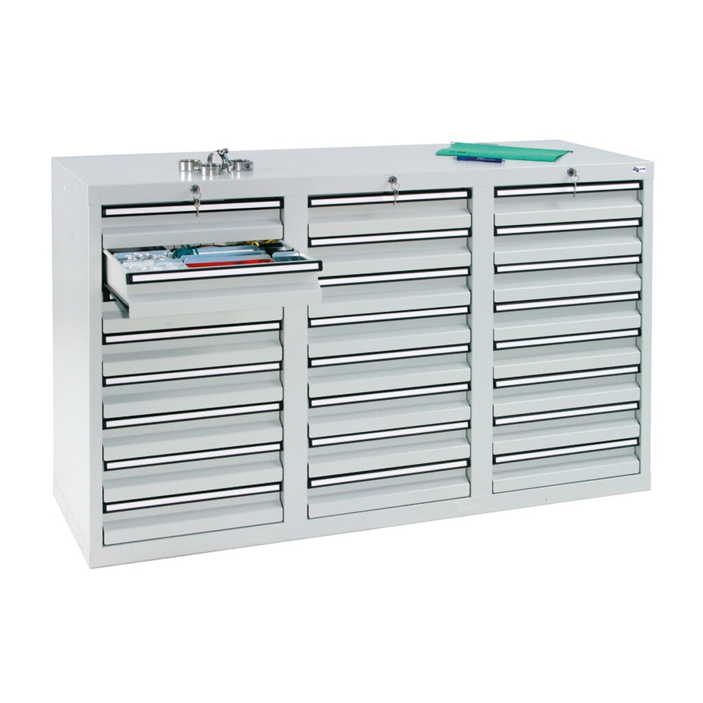 Szafa z szufladami stumpf®, szuflady 24 x 100 mm, wys. x szer. x gł. 900 x 1500 x 500 mm, jasnoszara Zdjęcie produktu: Szafa z szufladami stumpf®, szuflady 24 x 100 mm, wys. x szer. x gł. 900 x 1500 x 500 mm, jasnoszara