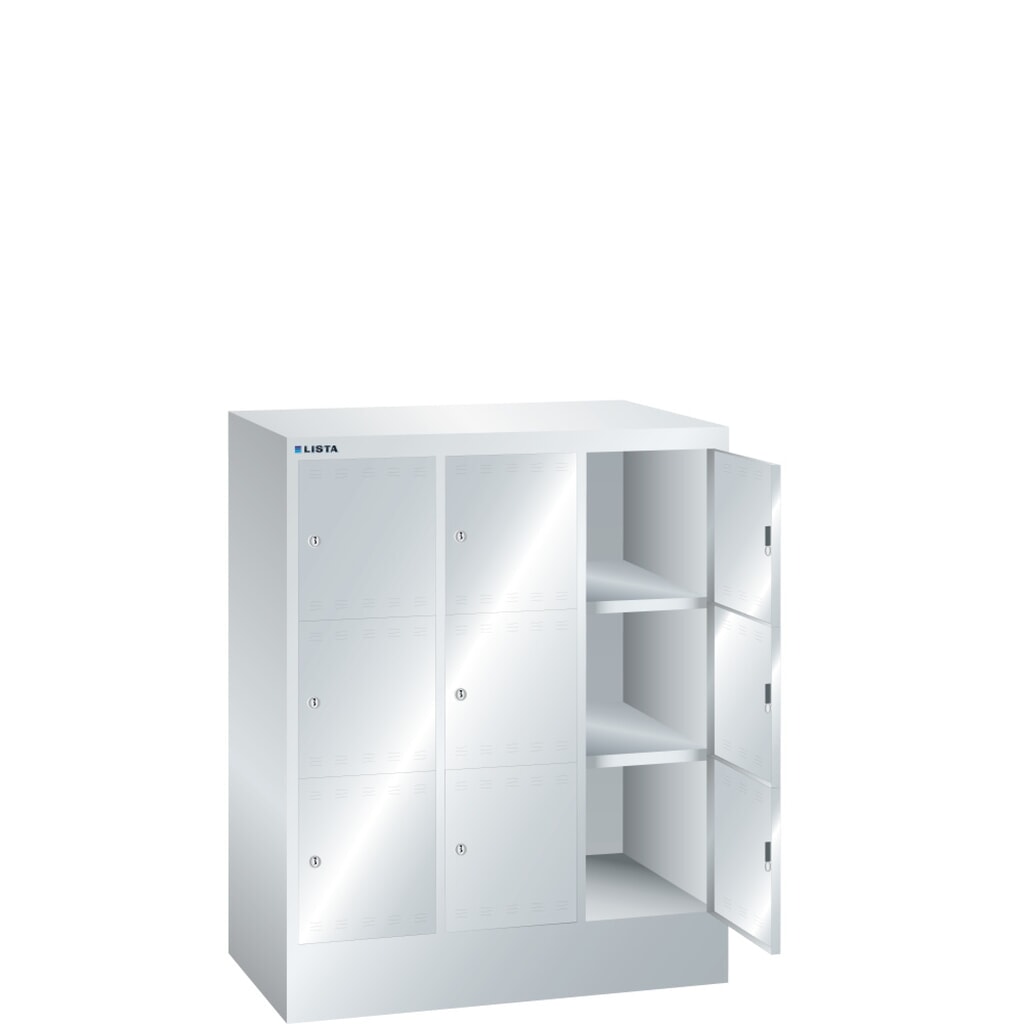 Szafa ze schowkami LISTA, (szer. x gł. x wys.) 905 x 500 x 1095 mm, 3 x 3 schowki, zamek cylindryczny Zdjęcie produktu: Szafa ze schowkami LISTA, (szer. x gł. x wys.) 905 x 500 x 1095 mm, 3 x 3 schowki, zamek cylindryczny