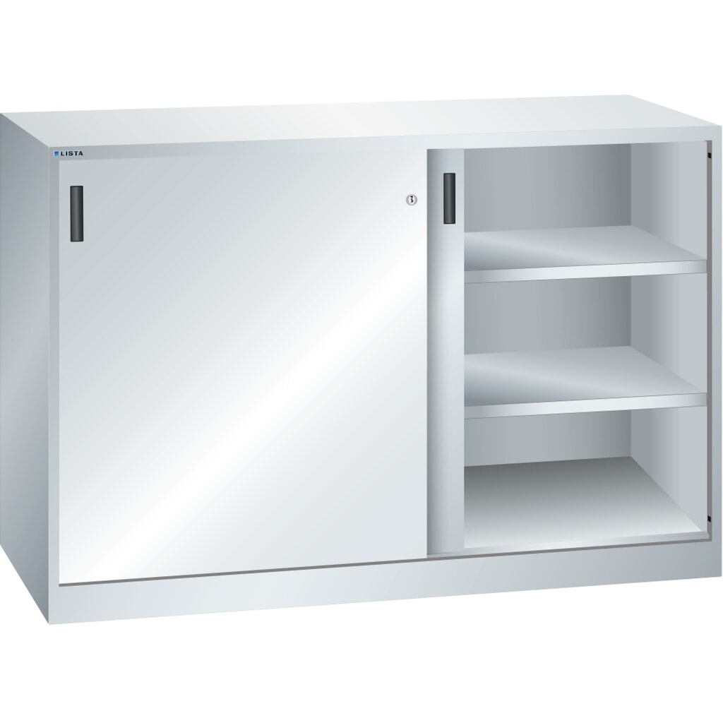 Zdjęcie produktu: Szafka dostawna LISTA z drzwiami przesuwnymi (szer. x wys.) 1500 x 1000 mm, 4 regulowane półki, głębokość 500mm, jasnoszary