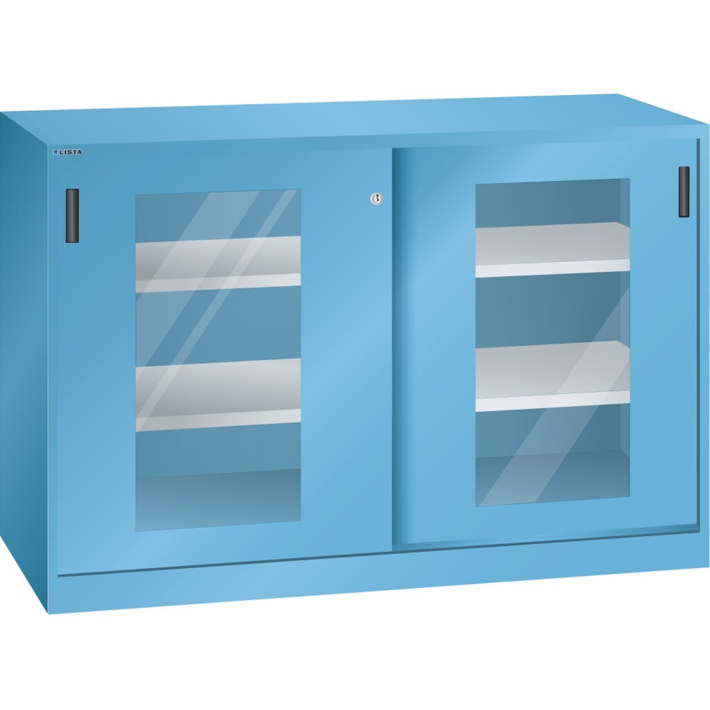 Zdjęcie produktu: Szafka dostawna LISTA z drzwiami przesuwnymi (szer. x wys.) 1500 x 1000 mm, 4 regulowane półki, okno, głębokość 400 mm, jasnoniebieska