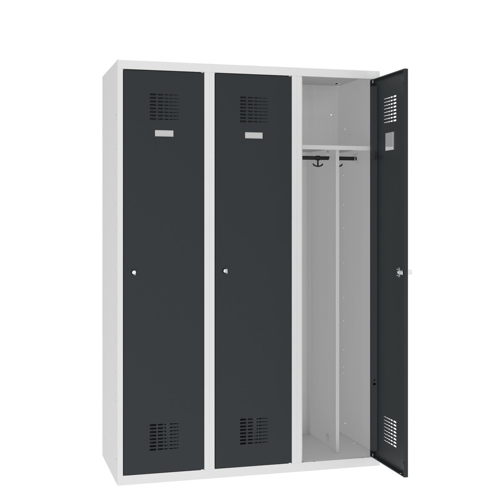 Obraz produktu: Podwójna podłogowa szafka Steinbock®, 3 przegrody, przegroda środkowa, zamek cylindryczny, wys. x szer. x gł. 1800 x 1200 x 500 mm, jasnoszary/antracytowoszary
