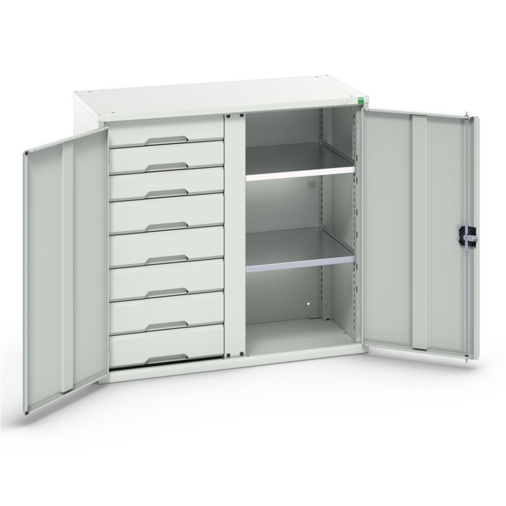 Obraz produktu: Szafka z drzwiami skrzydłowymi oraz szufladami bott verso, z 2 półkami oraz 8 szufladami, szer. x gł. x wys.: 1 050 x 550 x 1 000 mm