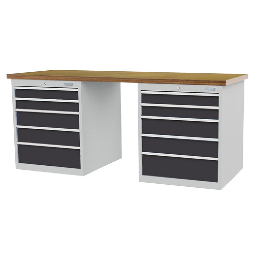 Zdjęcie produktu: Szeregowa ława warsztatowa Bedrunka+Hirth R 24-24, wys. x szer. x gł. 859 x 2000 x 750 mm, kolor jasnoszary, kolor antracytowoszary, 10 x szuflada 4 x 100 + 4 x 150 + 2 x 200 mm, szerokość szuflady 450 mm