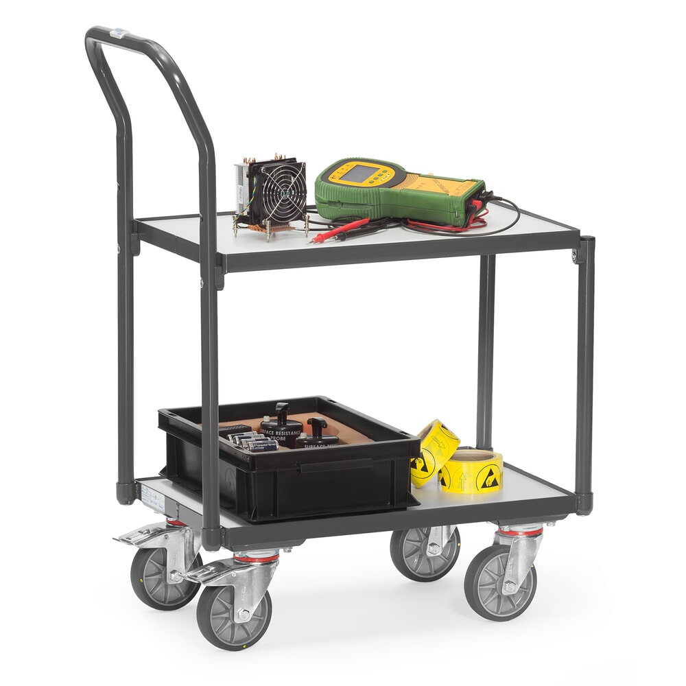 Zdjęcie produktu nr 3: Transporter na kółkach do pojemników Euro ESD fetra®, udźwig 250 kg, 2 powierzchnie ładunkowe o wymiarach 405 × 605 mm z pałąkiem do pchania