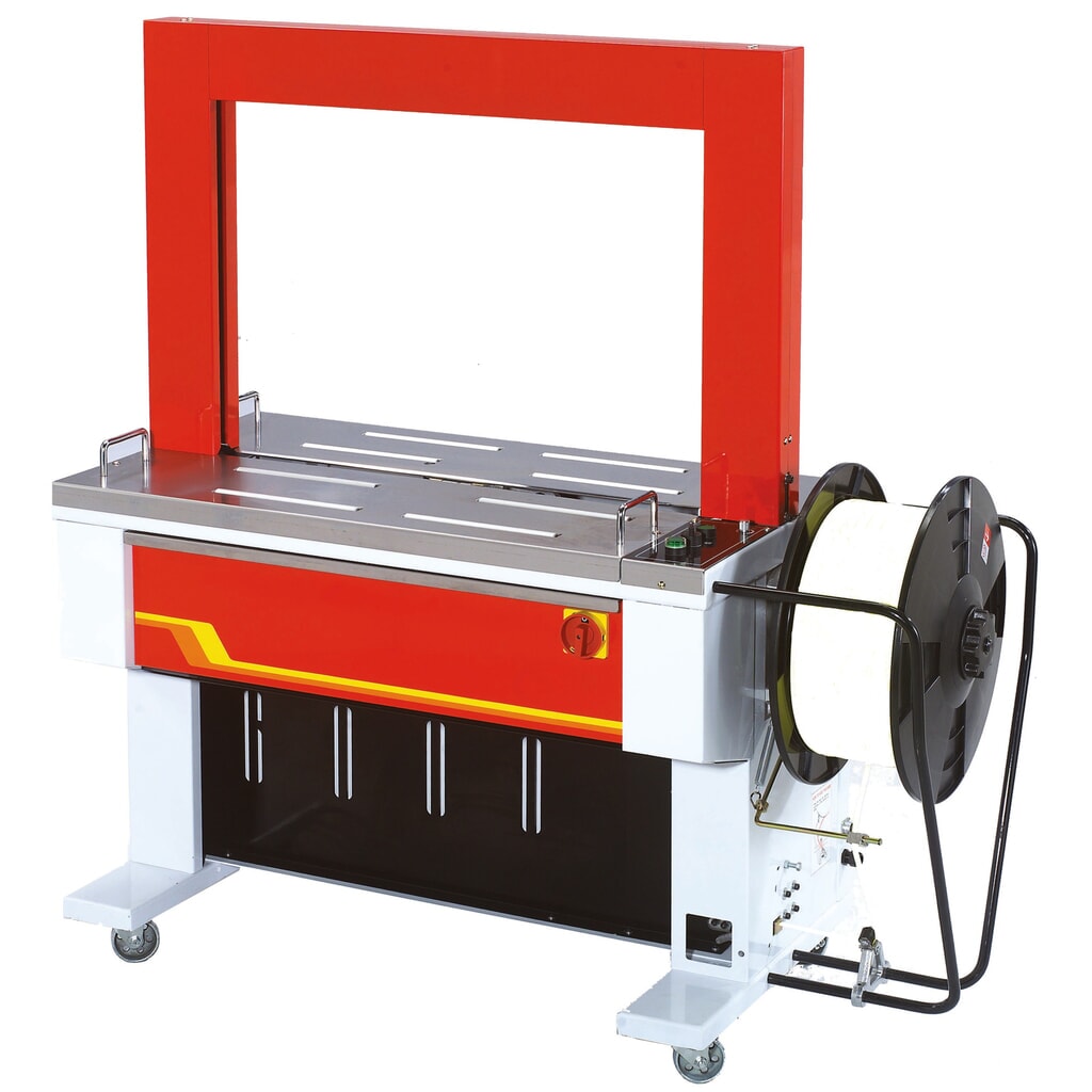 W pełni automatyczna maszyna pakująca, model 9000, do taśmy o szerokości 12 mm, rama wys. x szer. 800 x 850 mm Zdjęcie produktu: W pełni automatyczna maszyna pakująca, model 9000, do taśmy o szerokości 12 mm, rama wys. x szer. 800 x 850 mm