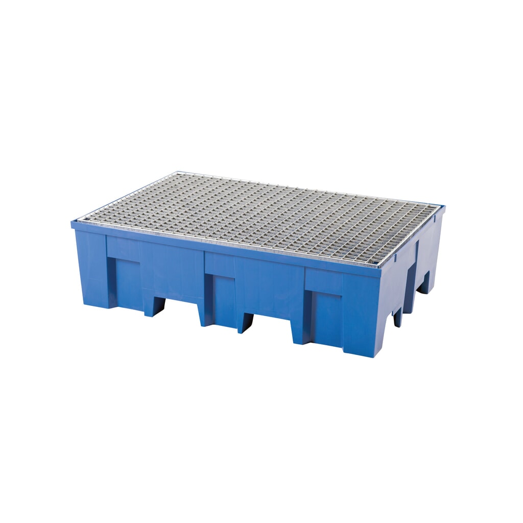 Zdjęcie produktu: Wanna ociekowa asecos® z PE z kieszeniami na widły, 2 x 200 litrów, wys. x szer. x gł. 350 x 865 x 1245 mm, ruszt kratowy ocynkowany