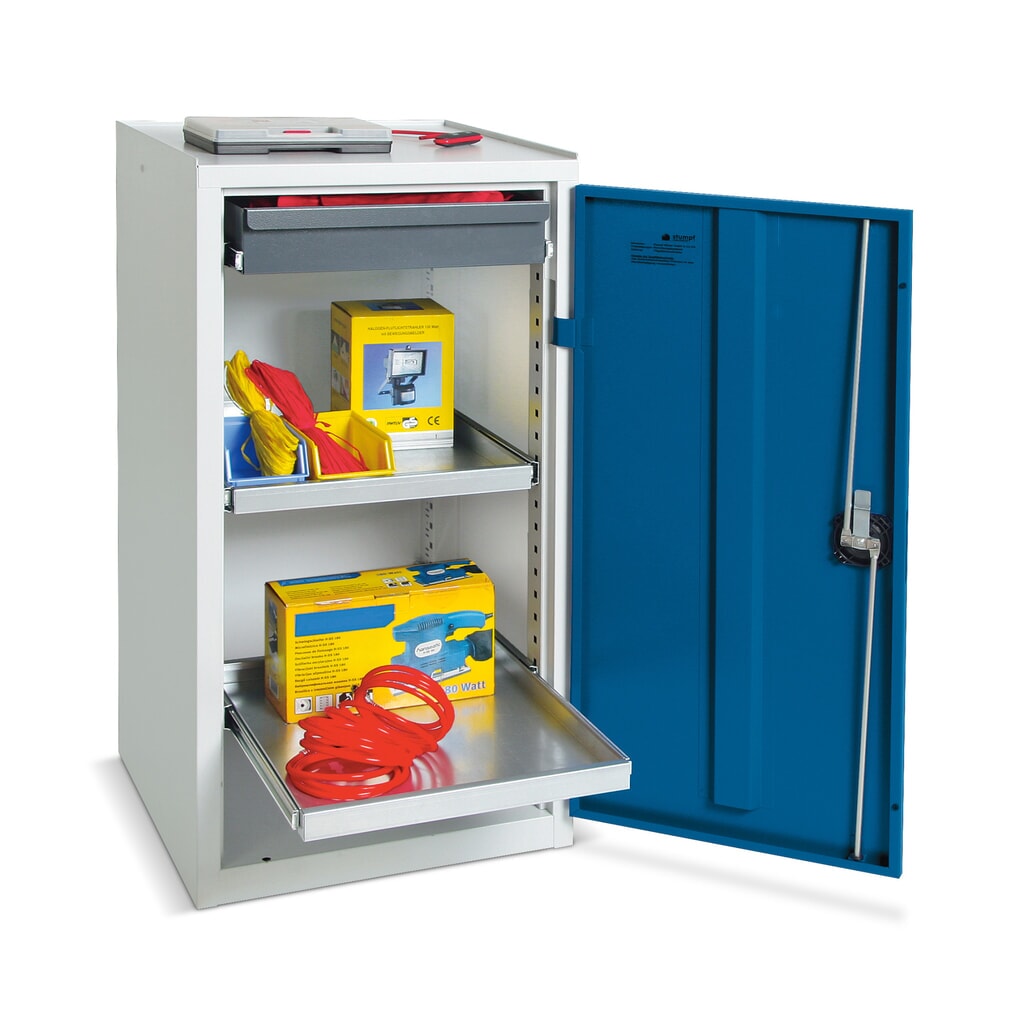 Warsztatowa szafa pomocnicza stumpf® z 1 szufladą i 2 półkami z obrzeżem, wys. x szer. x gł. 1000 x 500 x 500 mm, jasnoszara Zdjęcie produktu: Warsztatowa szafa pomocnicza stumpf® z 1 szufladą i 2 półkami z obrzeżem, wys. x szer. x gł. 1000 x 500 x 500 mm, jasnoszara