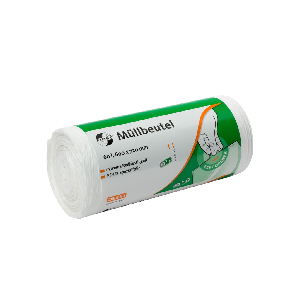 Zdjęcie produktu: Worek na śmieci DEISS FIRST PLUS, 60 l, 600 x 720 mm, LDPE, 50 szt./rolka, 20 rolek/opakowanie