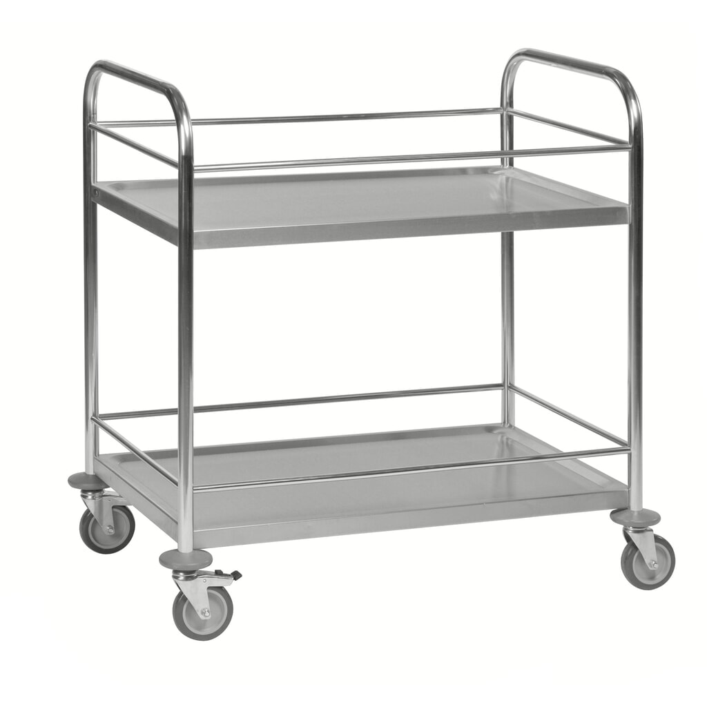 Zdjęcie produktu: Wózek do serwowania ze stali szlachetnej, 2 półki, wys. × szer. × gł. 940 × 590 × 910 mm, pałąk ochronny