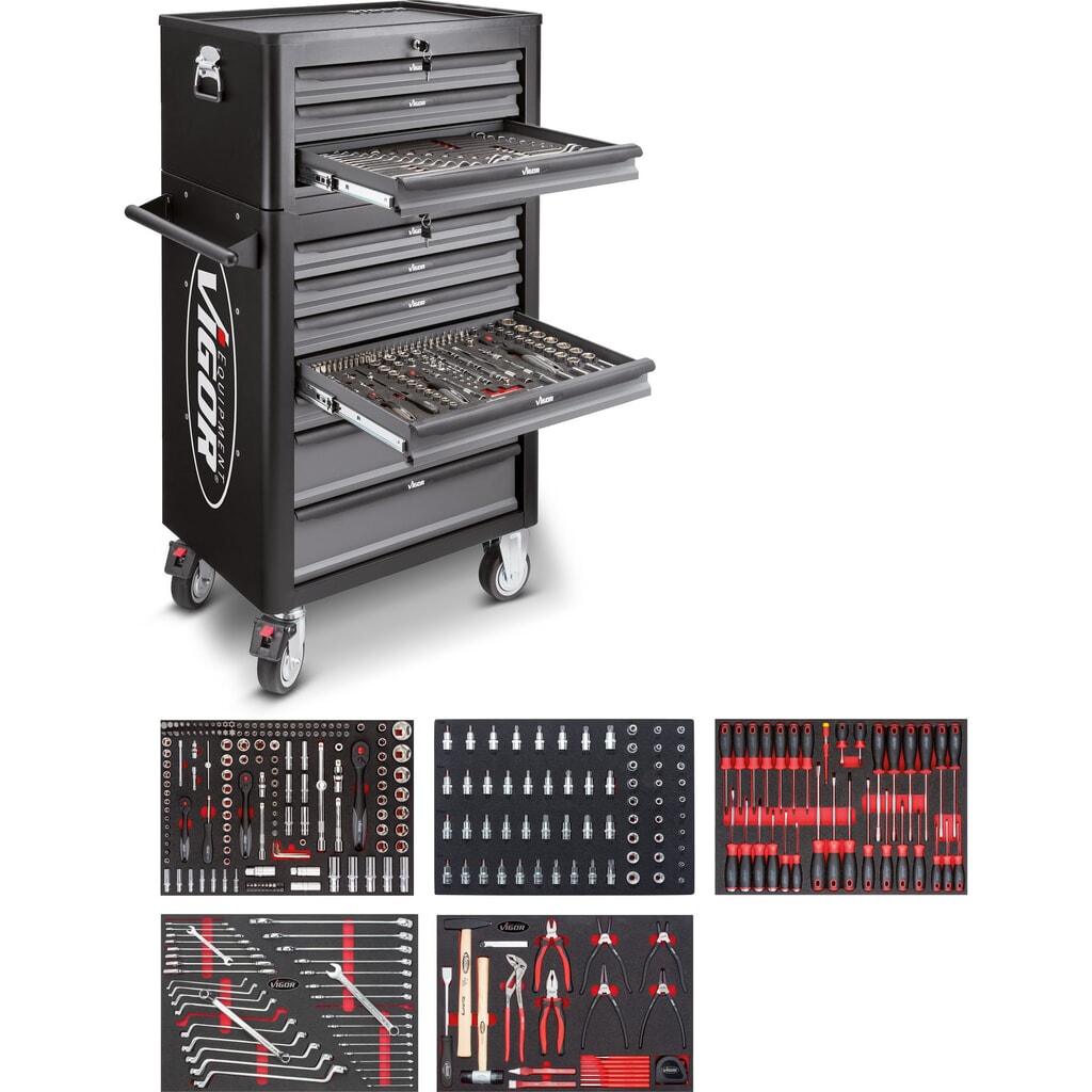 Wózek narzędziowy VIGOR® 1000, 7 + 3 szuflady+top case, włącznie z 344-częściowym asortymentem narzędzi Zdjęcie produktu: Wózek narzędziowy VIGOR® 1000, 7 + 3 szuflady+top case, włącznie z 344-częściowym asortymentem narzędzi