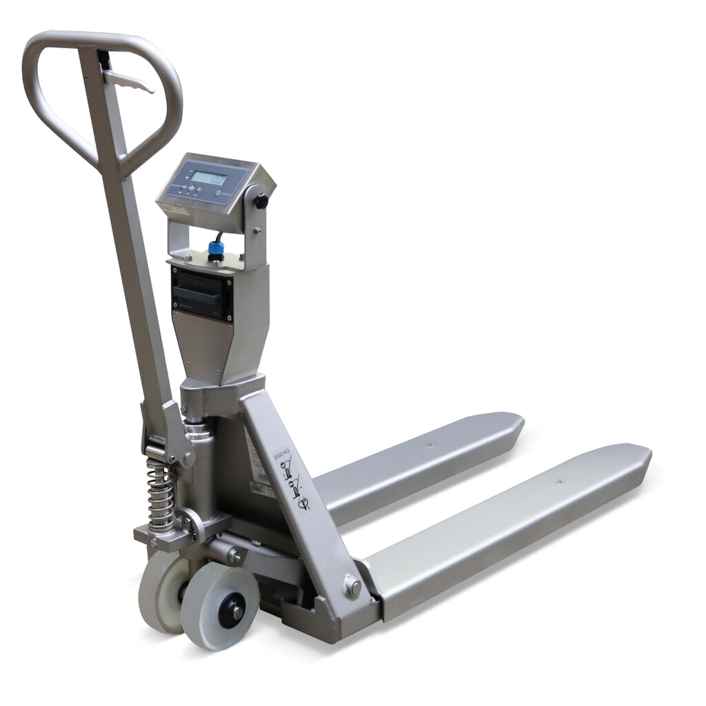 Zdjęcie produktu: Wózek paletowy INOX PRO z wagą ze stali nierdzewnej i wskazaniem wielozakresowym, udźwig 2000 kg, długość wideł 1150 mm, poliamid, rolki tandemowe