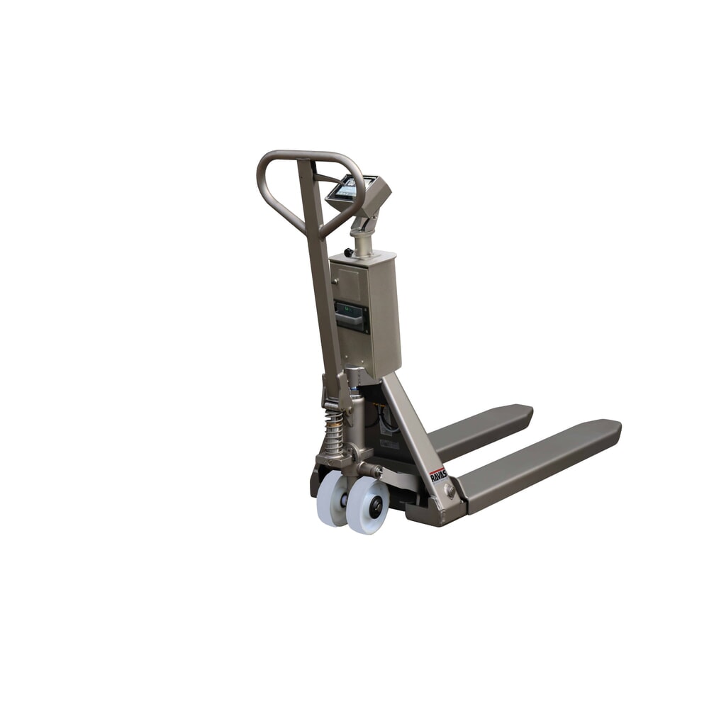 Wózek paletowy INOX PRO z wagą ze stali nierdzewnej i wskazaniem wielozakresowym Touch, udźwig 2000 kg, długość wideł 1150 mm, poliamid, rolki tandemowe Zdjęcie produktu nr 1: Wózek paletowy INOX PRO z wagą ze stali nierdzewnej i wskazaniem wielozakresowym Touch, udźwig 2000 kg, długość wideł 1150 mm, poliamid, rolki tandemowe