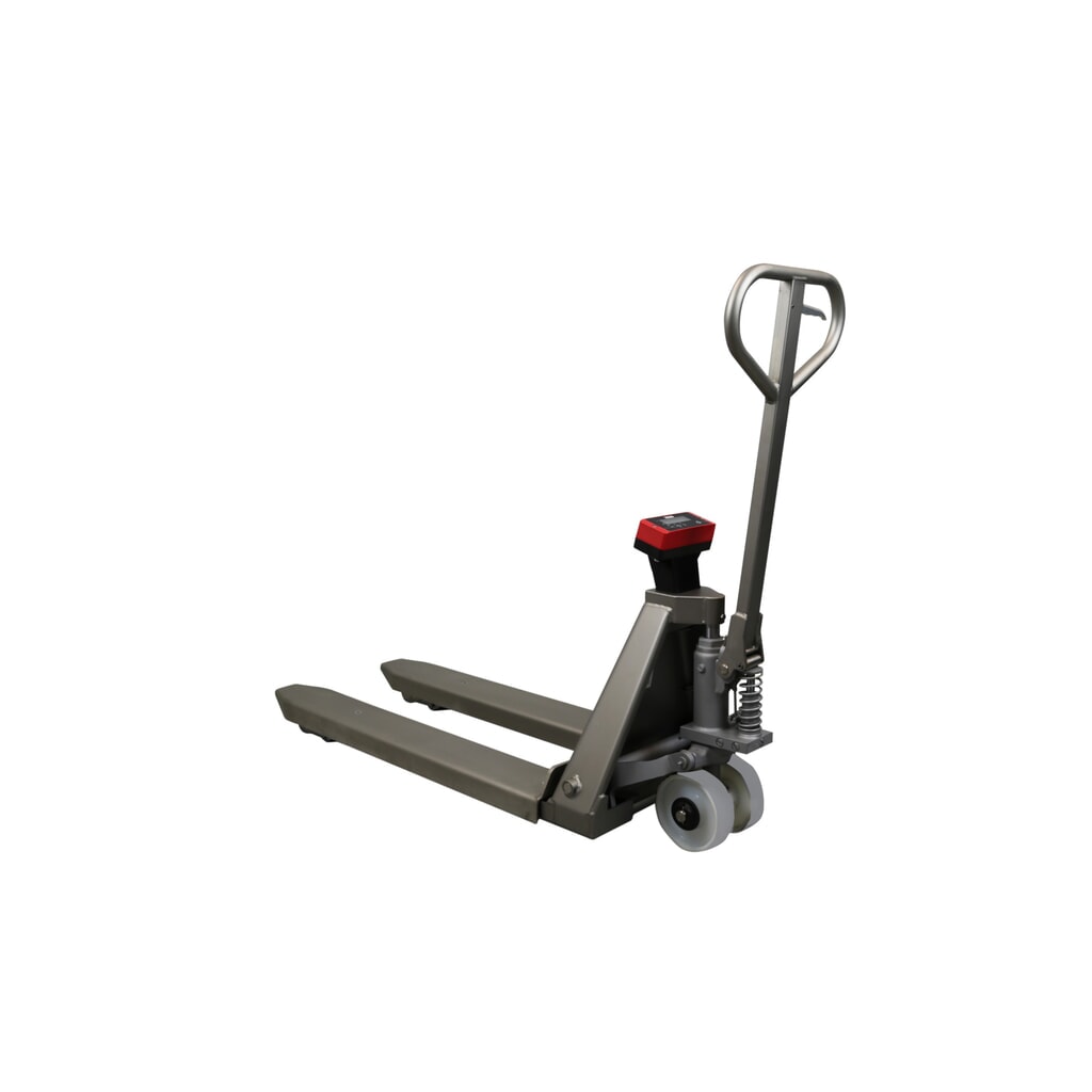 Zdjęcie produktu: Wózek paletowy Ravas ze stali szlachetnej z wagą INOX, udźwig 2000 kg, długość wideł 1150 mm, poliamid, rolki tandemowe
