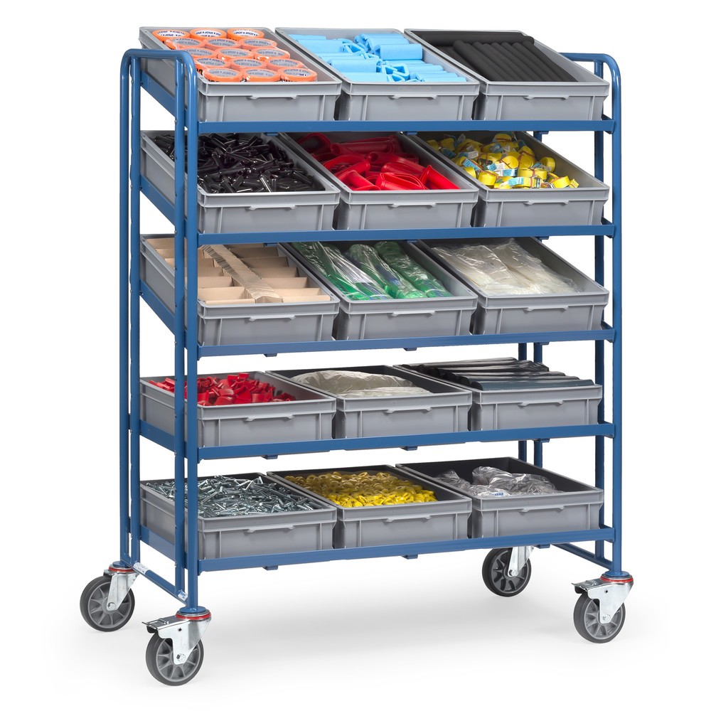 Zdjęcie produktu nr 2: Wózek piętrowy na pojemniki euro fetra®, z pojemnikami, udźwig 300 kg, 5 poziomów o wymiarach 1 240 × 610 mm